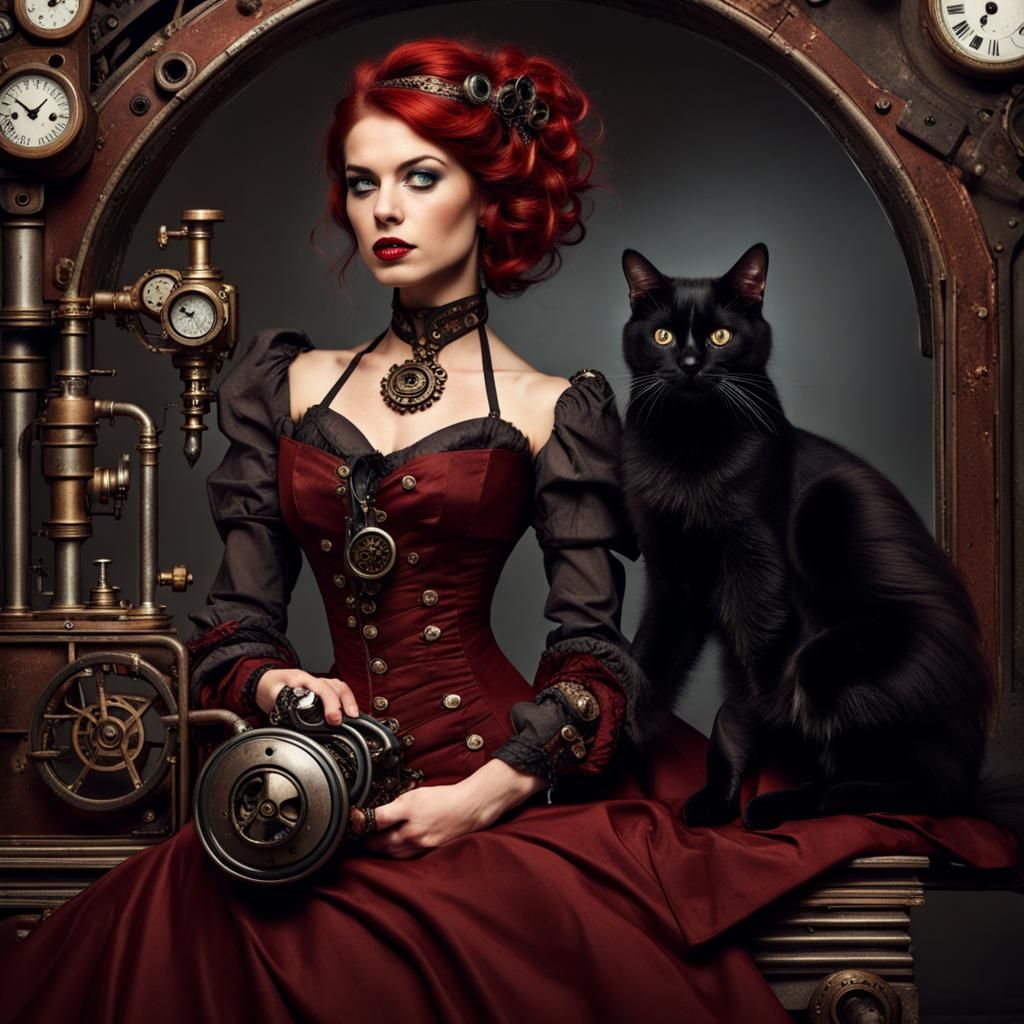 Red-Haired Woman with Black Cat in Steampunk Style