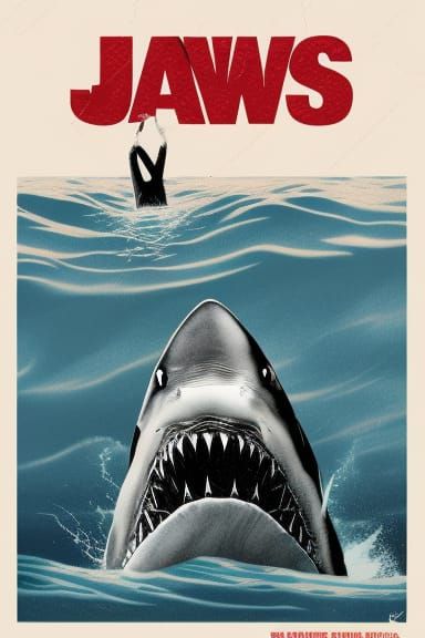 Jaws Movie Poster Scene with Great White Shark