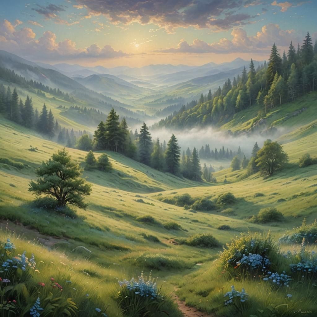 Ethereal Ukrainian Carpathian Landscape in Soft Morning Ligh...