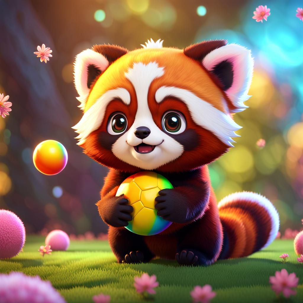 Chibi Red Panda Playing Ball in Digital Art