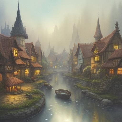 Fairy Tale Village in Teacup: Whimsical Watercolor Scene