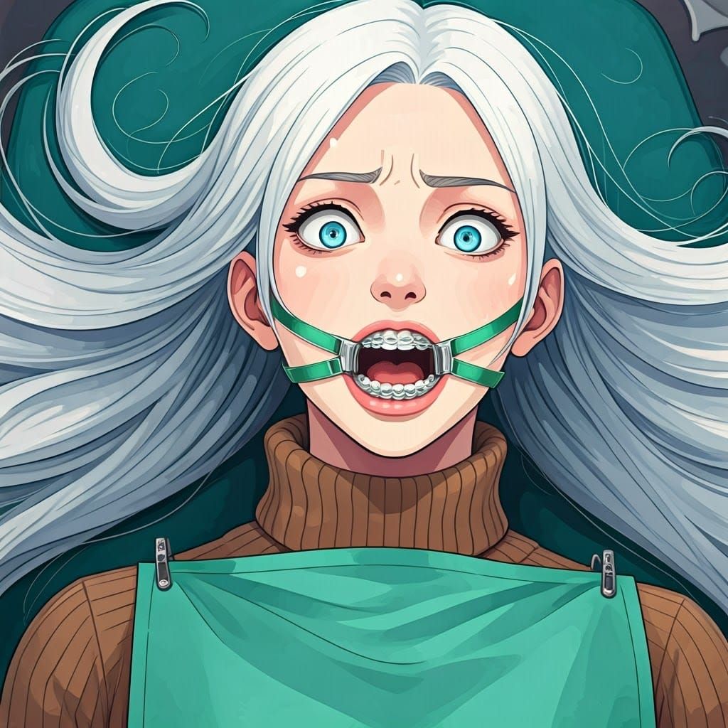 Terrified Woman with Braces in Anime Style