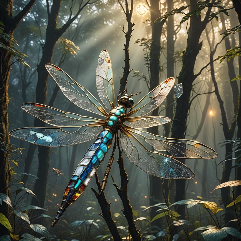 Stained Glass Biomechanical Dragonfly in Misty Forest