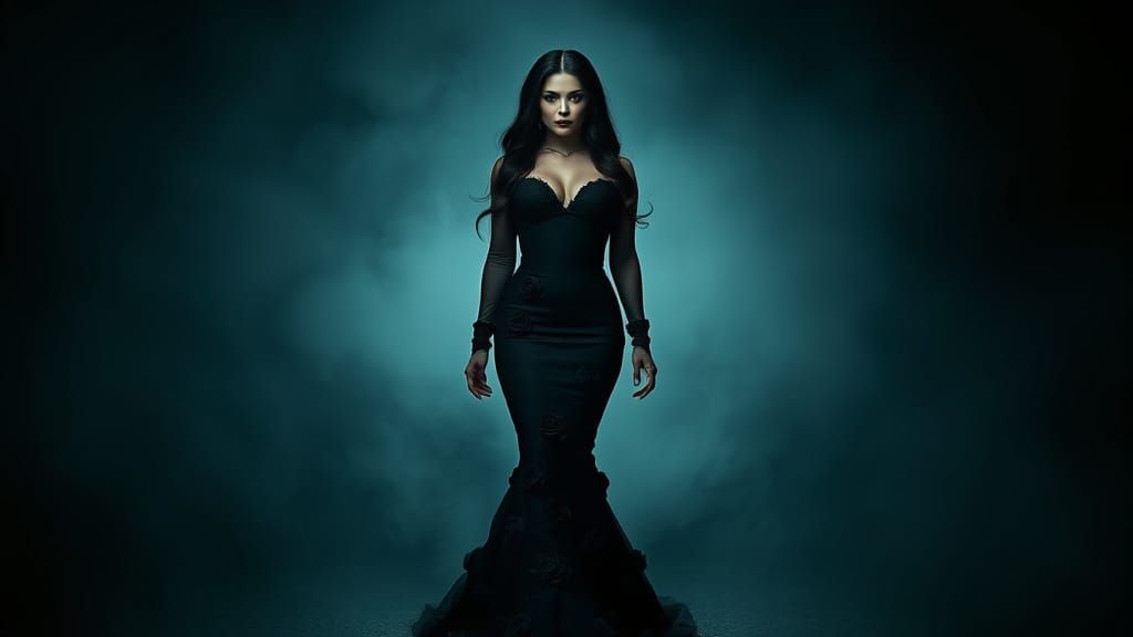 Morticia Addams in Gothic Noir Victorian Scene