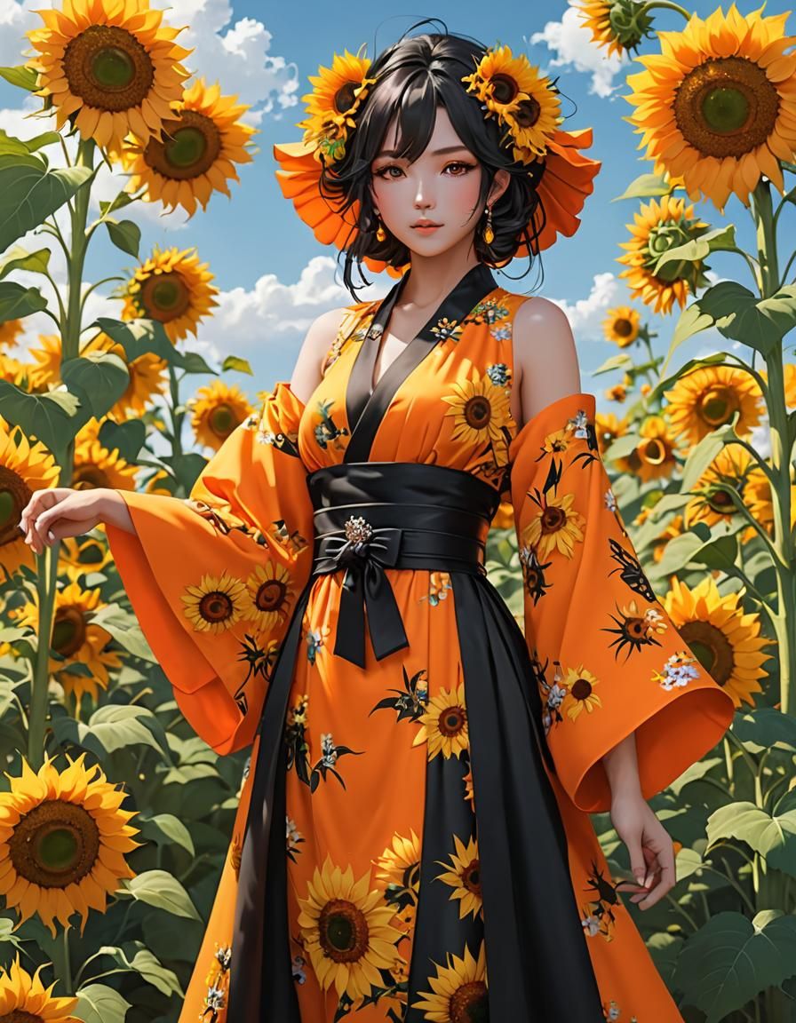 Sunflowers and Neon Kimono in Anime Style