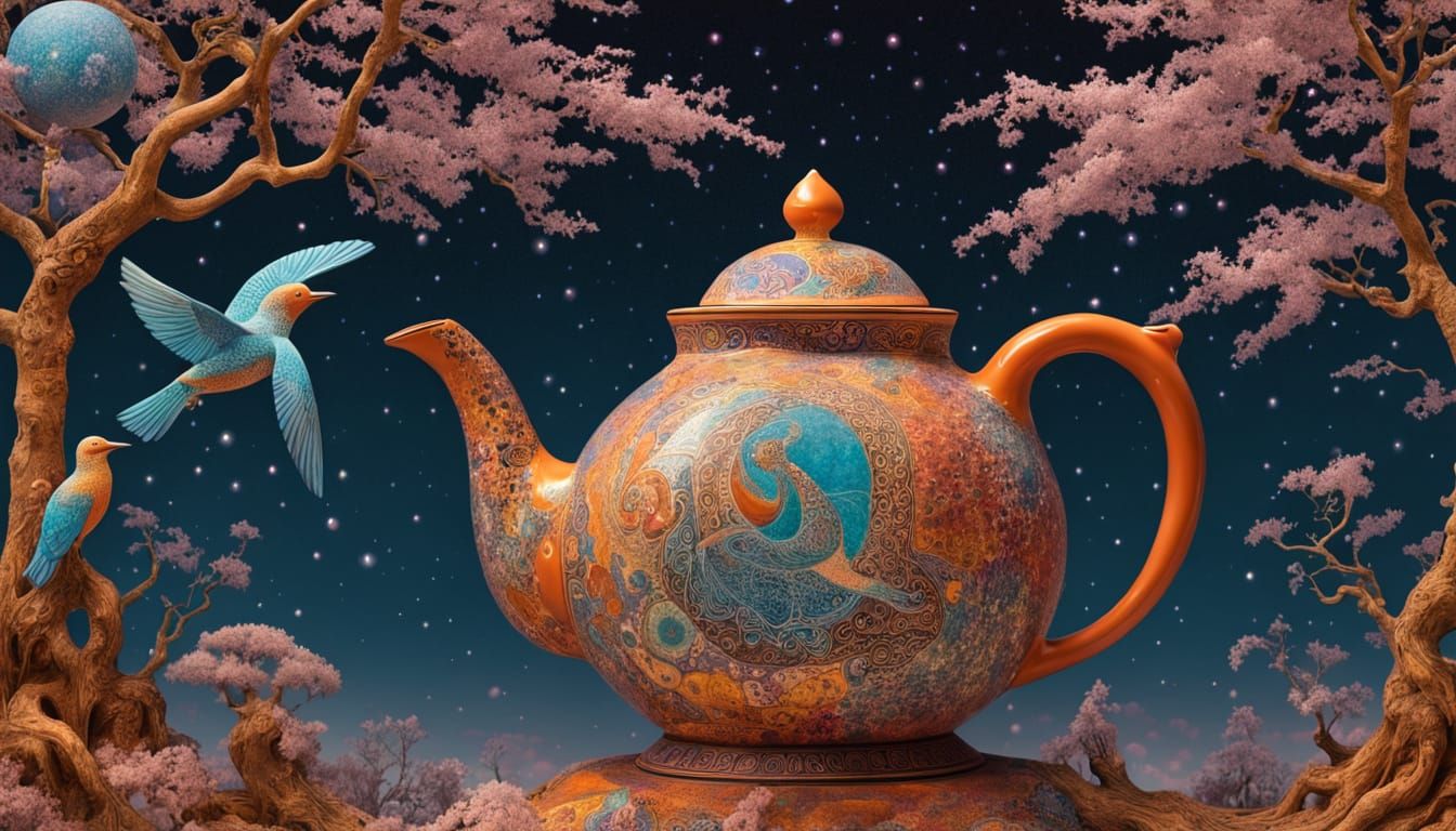 Seated Figure Teapot Holding Bird, Vibrant Dot Collage