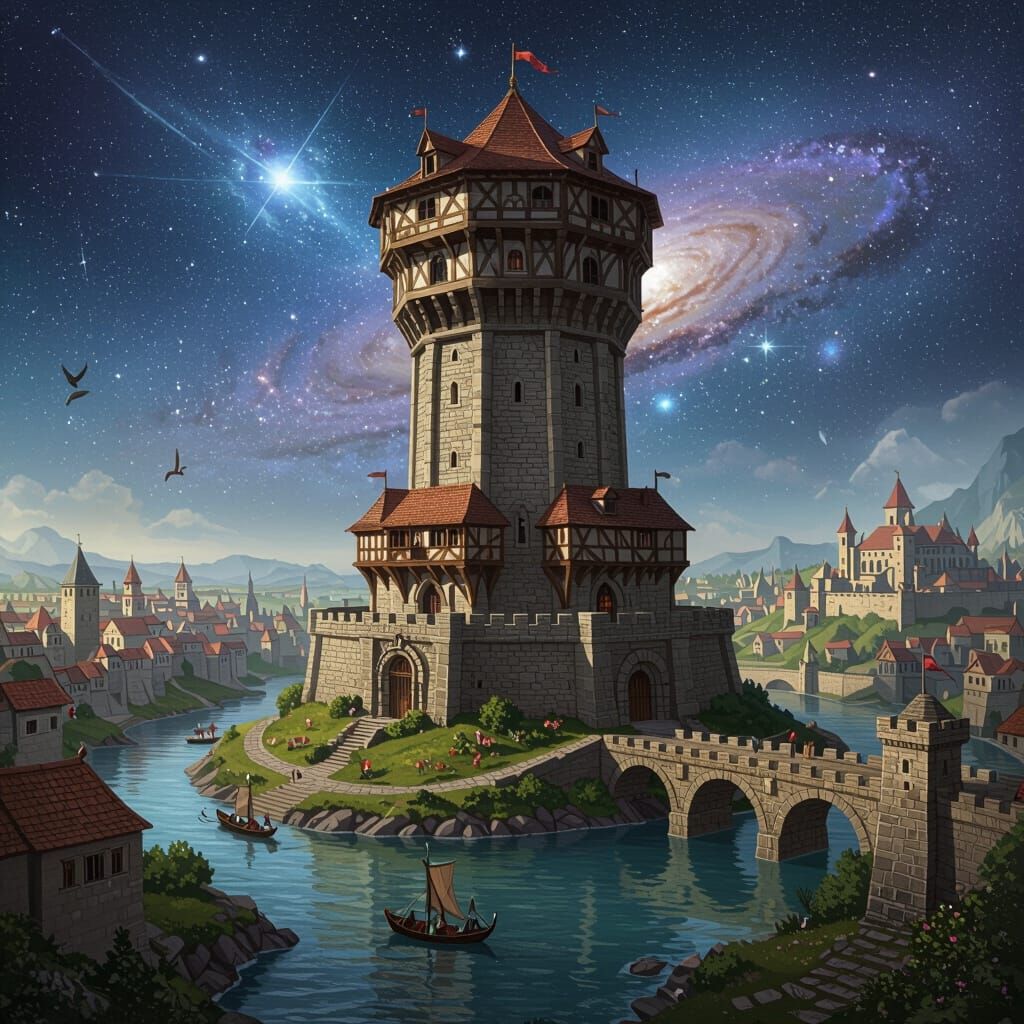 Octagonal Guild Tower on Celestial Map, Winter Scenery