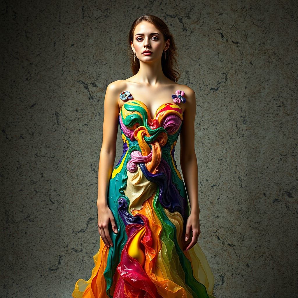 Hyperrealistic Woman in Vibrant Paint Dress Against Granite