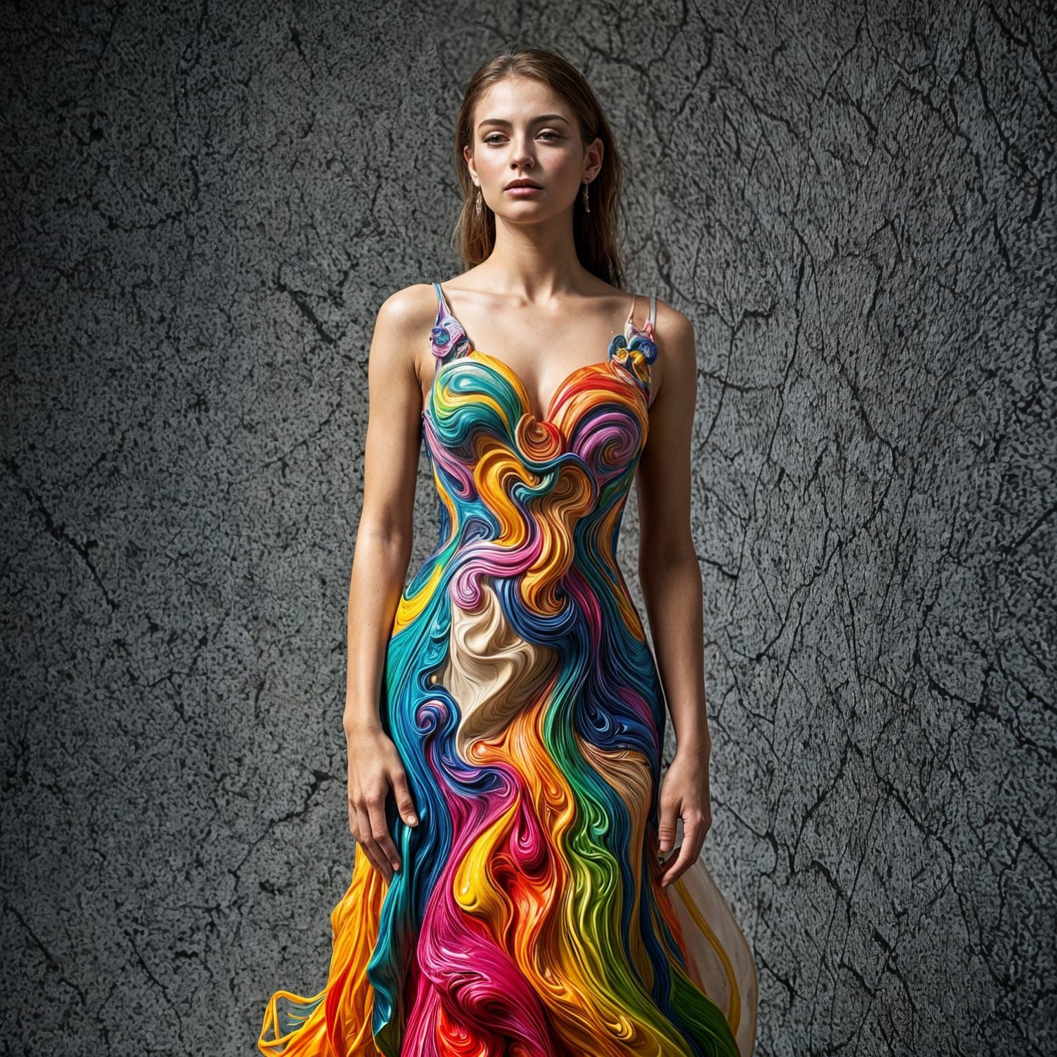 Woman in Intricate Liquid Paint Dress