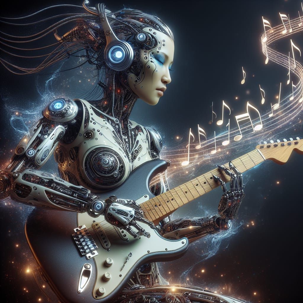 Asian Cyborg Guitarist in Cyberpunk Style