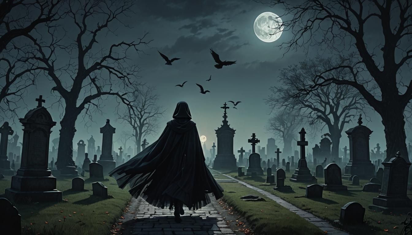 A young Victorian woman running through a cemetery at night ...