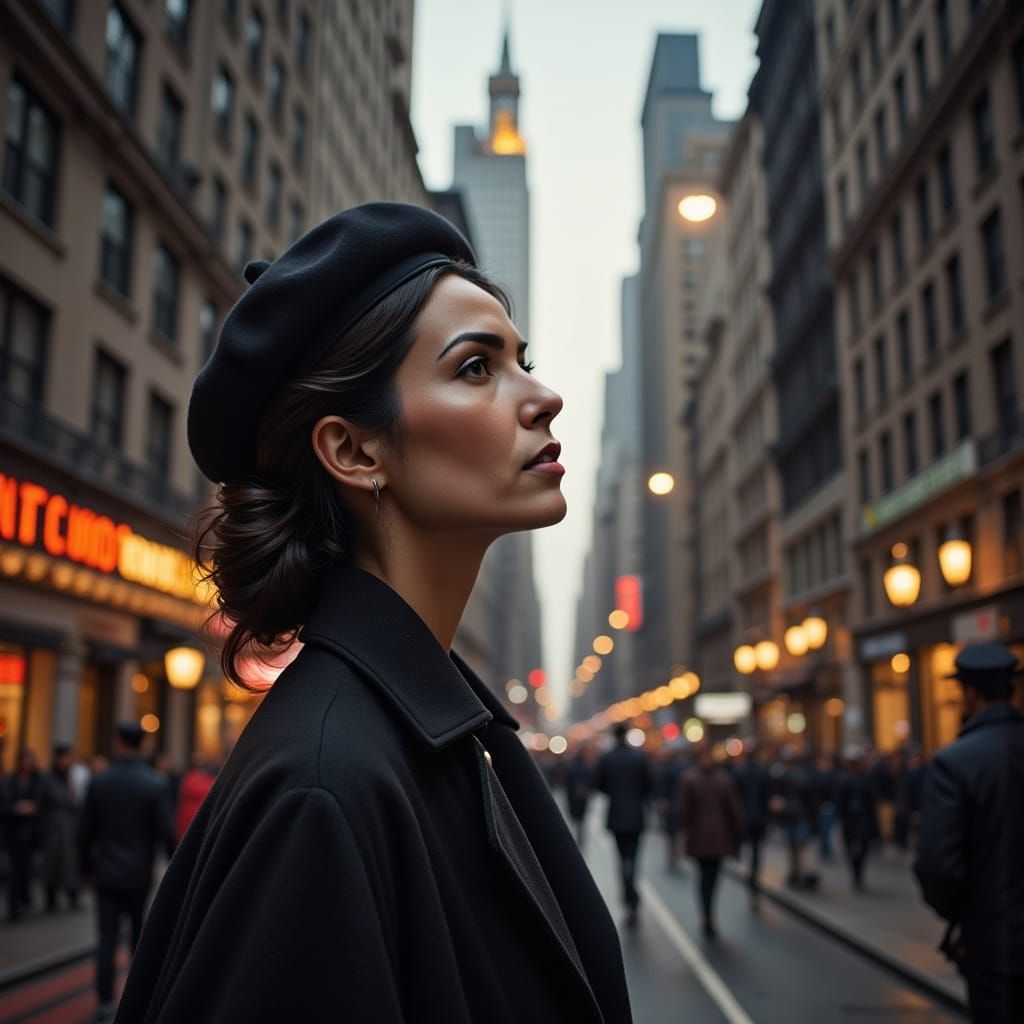 French Woman Admires New York City Skyscrapers at Sunset