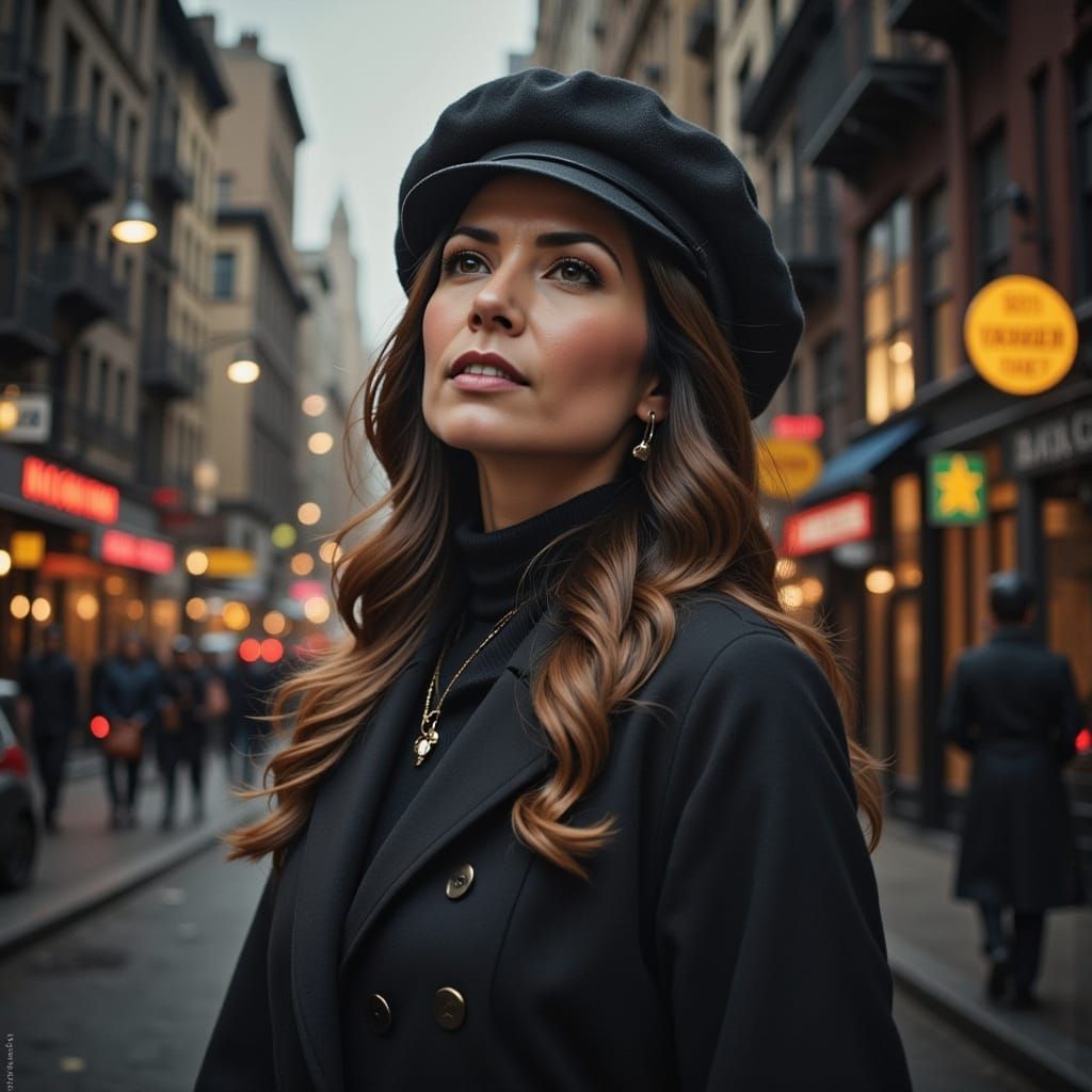 Sophisticated French Woman Stares Up at New York City Skyscr...