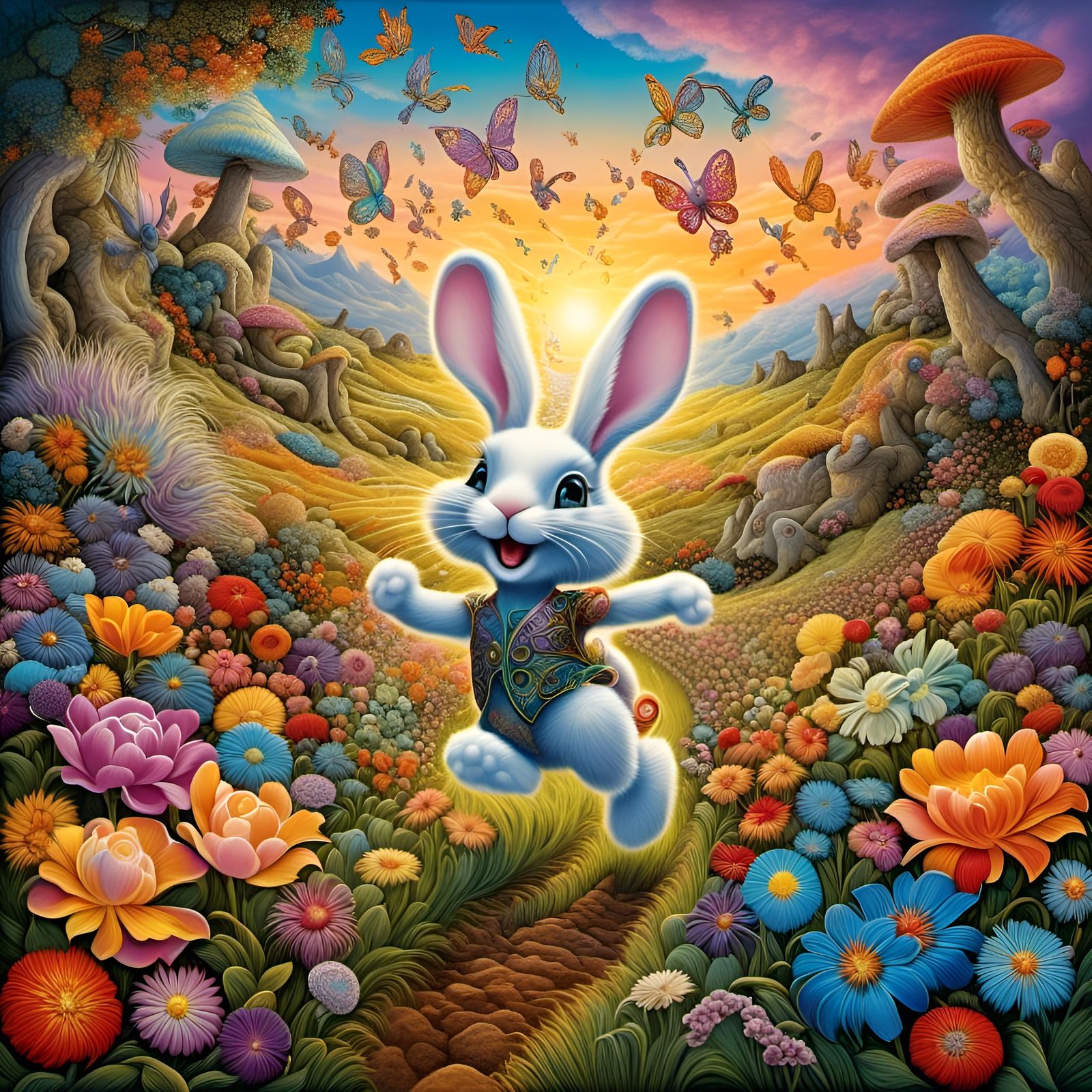 Whimsical Dreamland Bunny Frolicking in Floral Field
