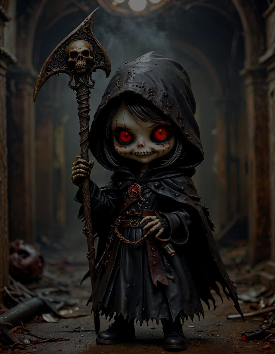 Chibi Lovecraftian Grim Reaper in Abandoned Asylum