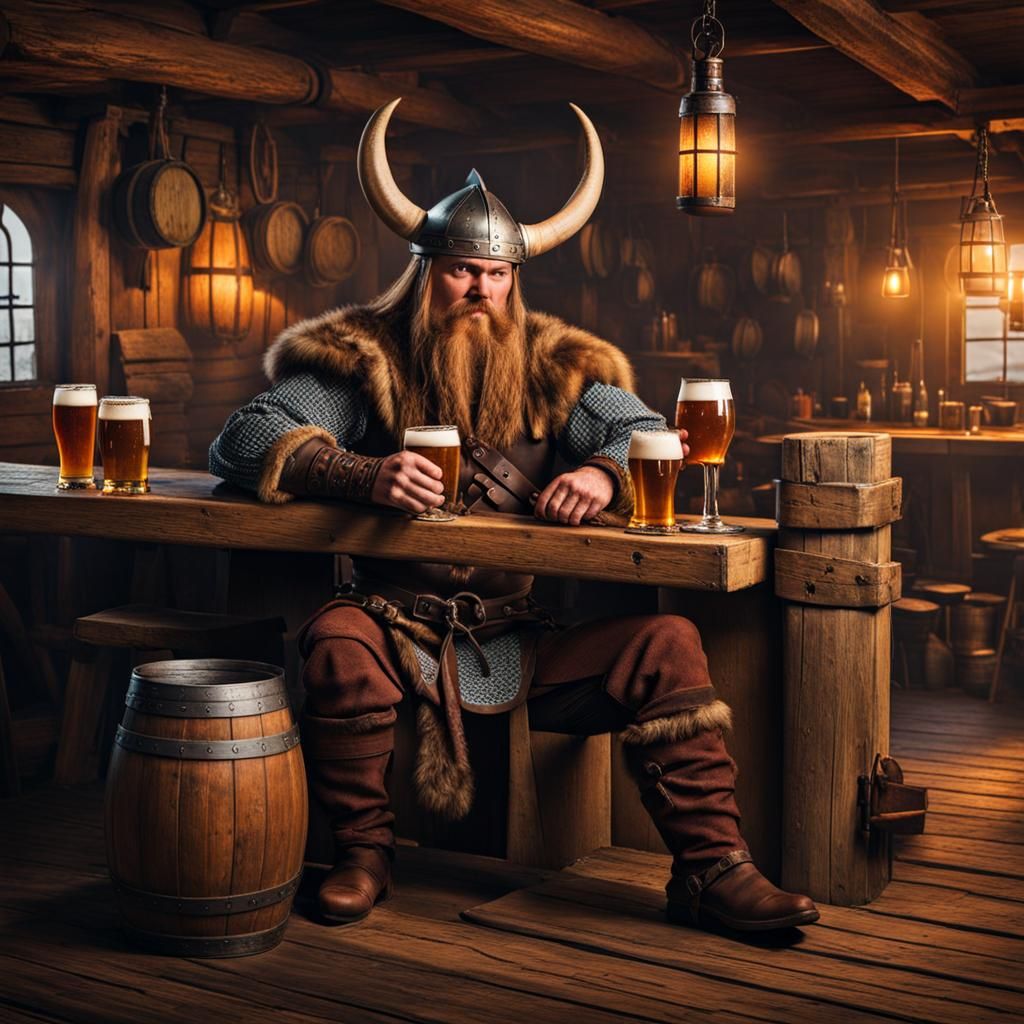 Viking Warrior Enjoying Beer in Cozy Tavern