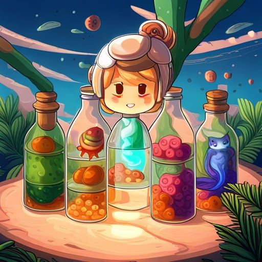 a cheetah, a frog, and a mermaid cat hybrid inside glass bottles (with water), Hyperbolic, DMT, Animal Crossing (videog...