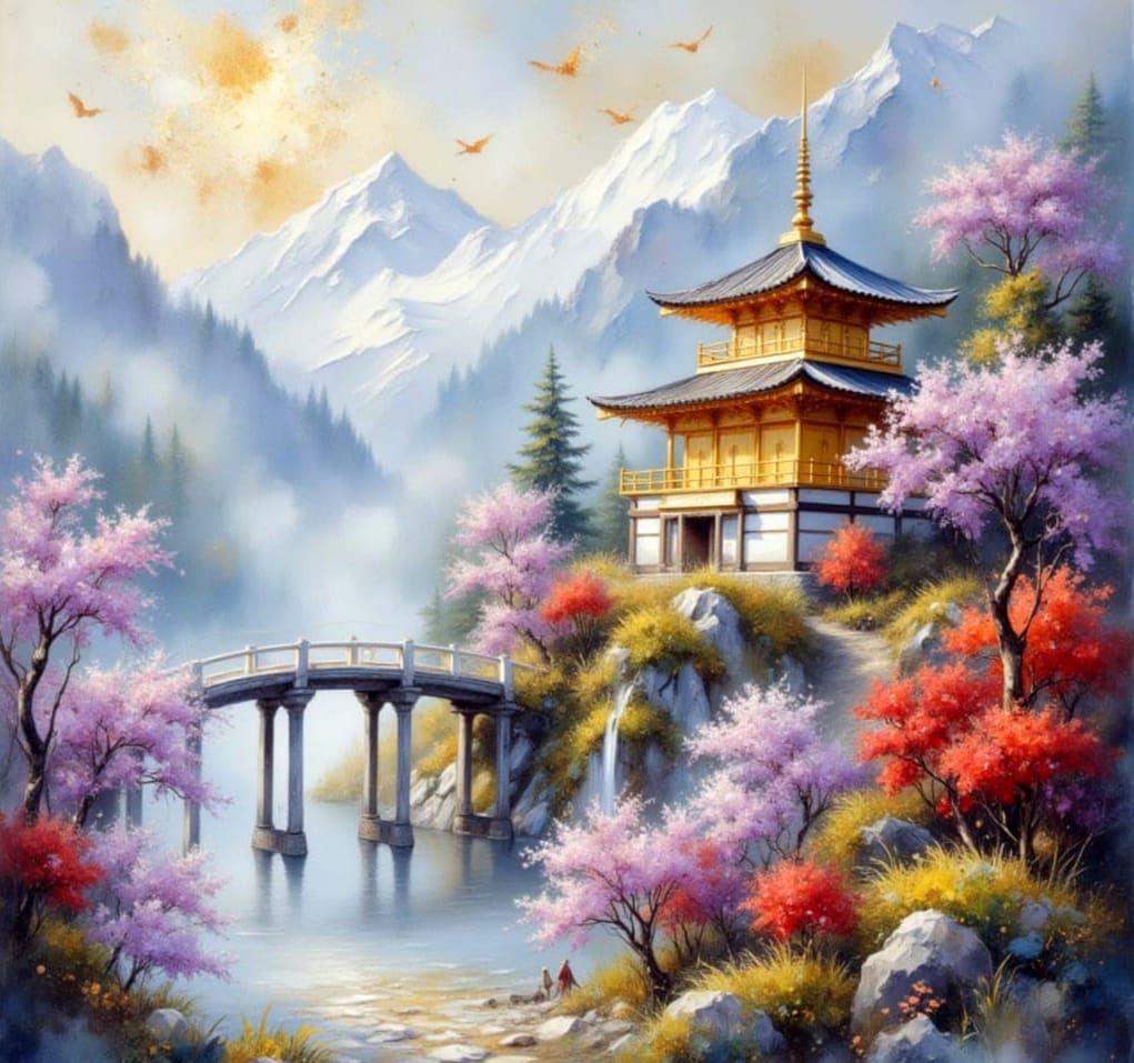 Misty Mountain Temple Impasto Painting with Spring Blossoms
