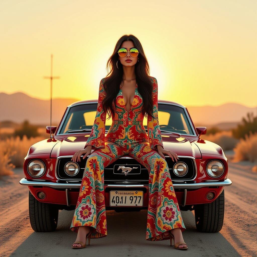 Retro 1970s Mustang Scene with Woman in Bell Bottoms