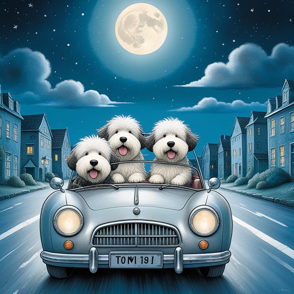 Whimsical Moonlit Night Scene with Old English Sheepdogs in ...