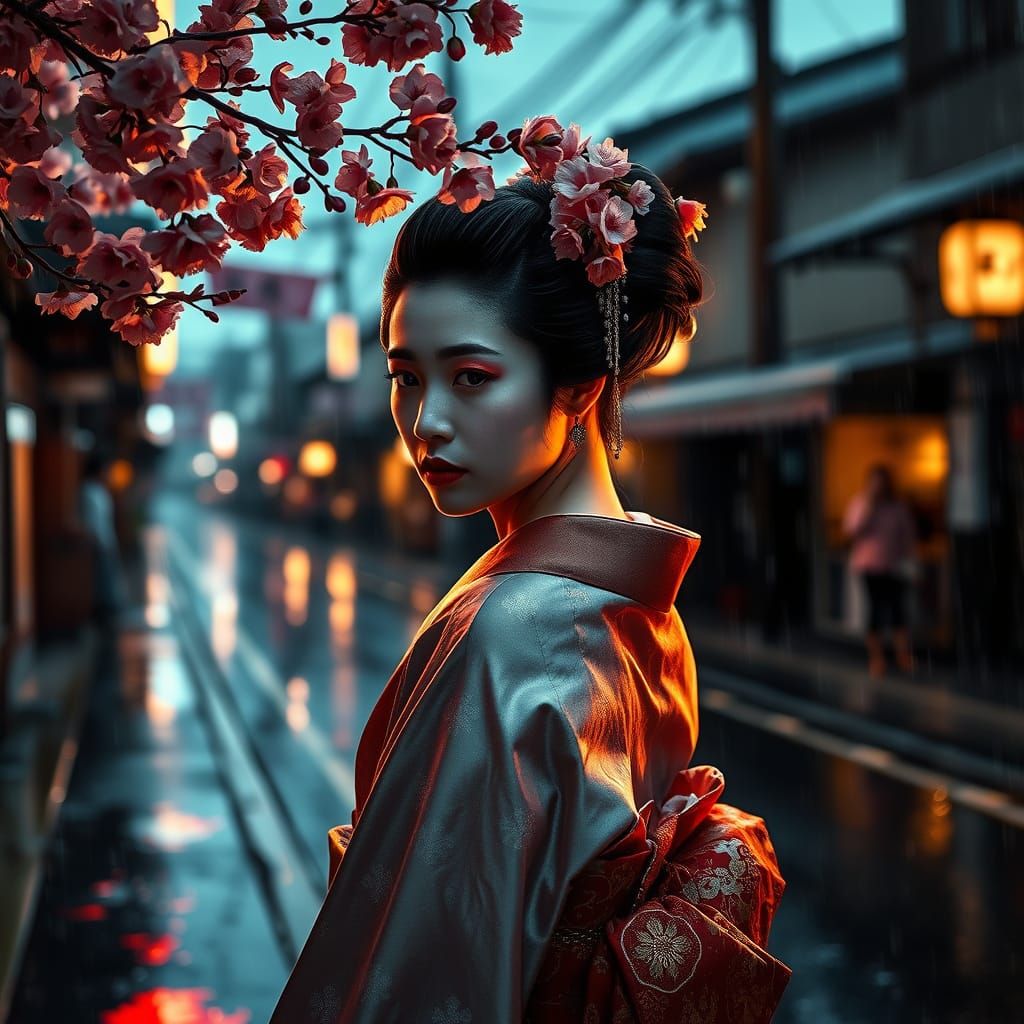 Melancholy Geisha in Rainy Kyoto Twilight