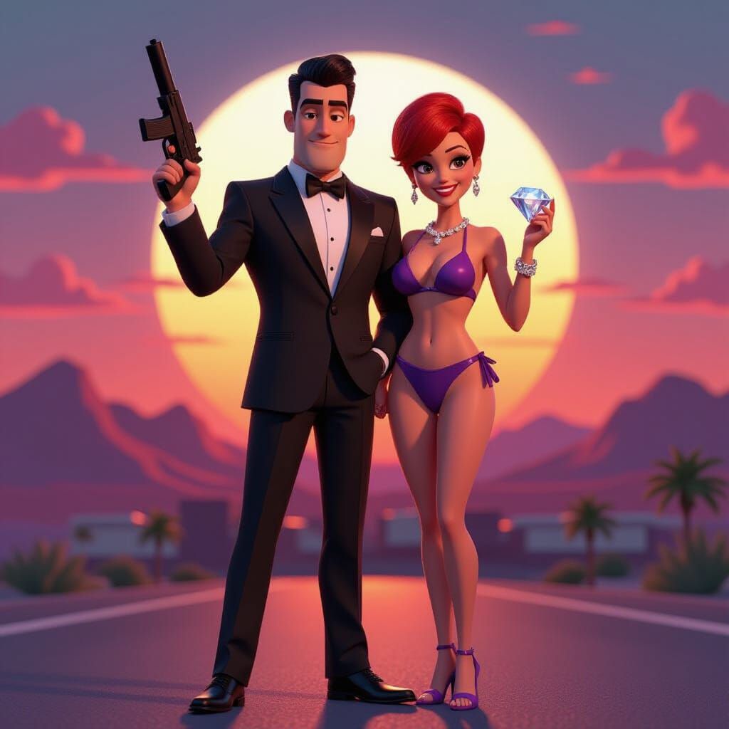 Pixar-Style Spy Couple in Las Vegas at Sunset