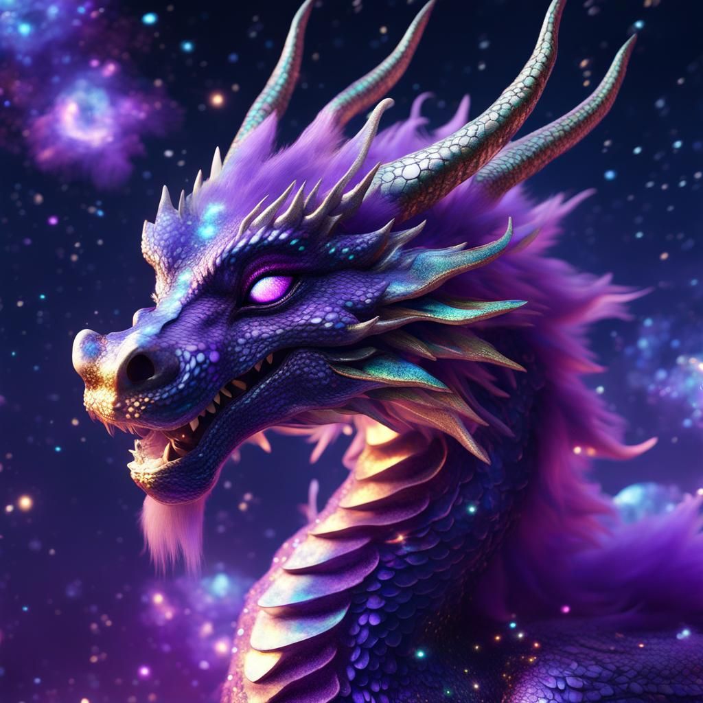 Smiling Galaxy Dragon with Bioluminescent Fur