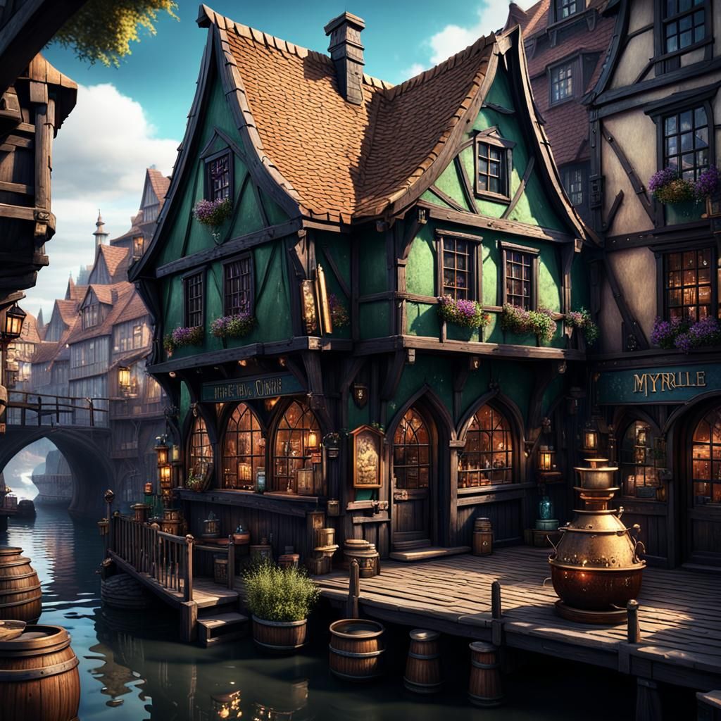 Fantasy Potion Shop in Medieval City, Detailed Art