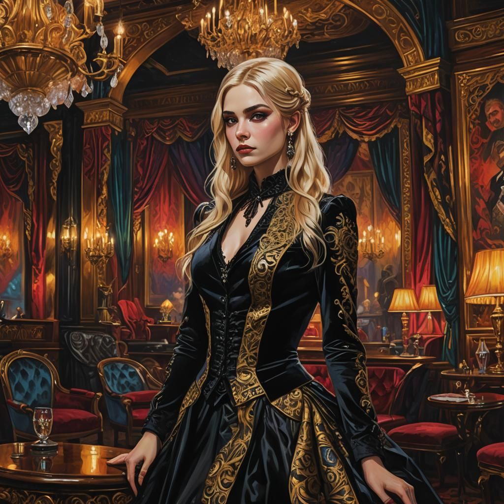 Gothic Girl in Opulent Gentleman's Club: Dark Fantasy Art