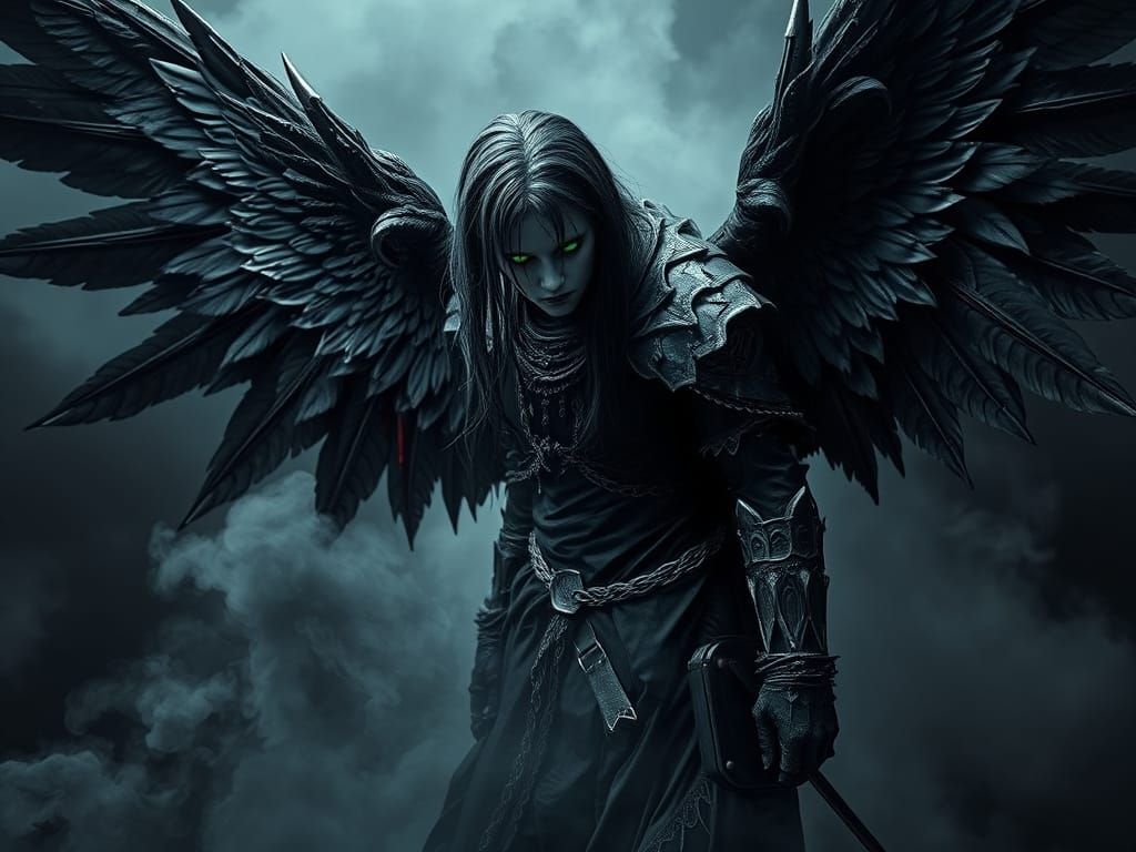 Dark Fantasy Fallen Angel with Shimmering Black Wings