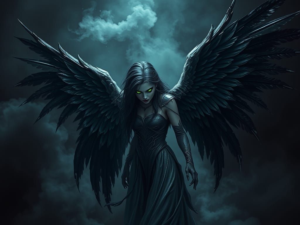 Fallen Angel in Dark Fantasy, Wings Shimmering with Evil Int...