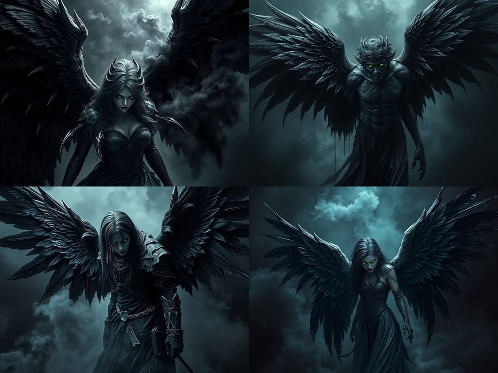 Dark Fallen Angel with Shimmering Black Wings and Glowing Ey...