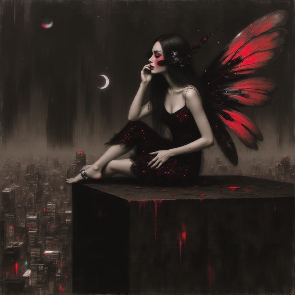 Fairy on Rooftop Edge in Dark Fantasy Style