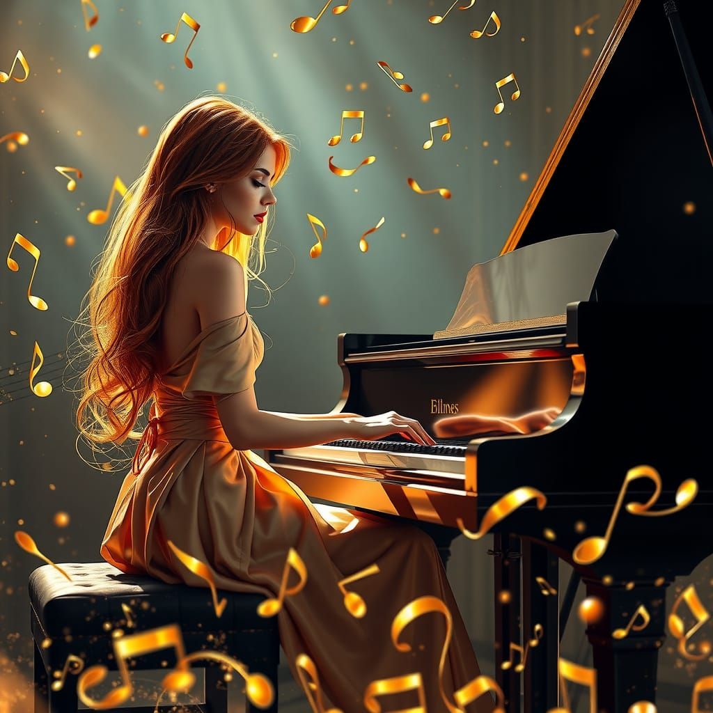 Elegant Woman at Piano in Hyperrealistic Graffiti Art