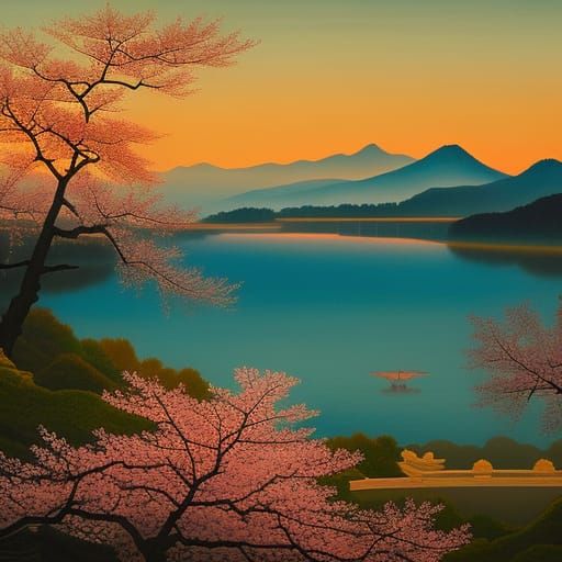 depiction of a lake ,cherry blossoms  and sunset in East Asi...