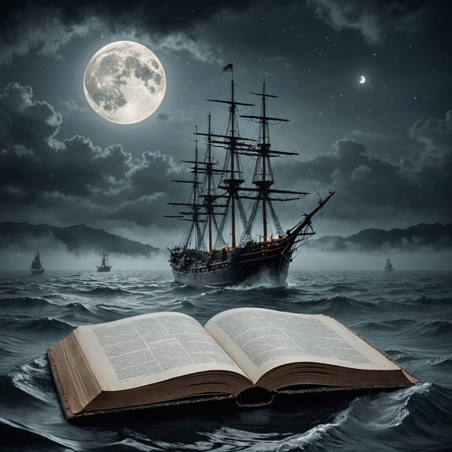 Ship Drowning in Book Under Moonlight