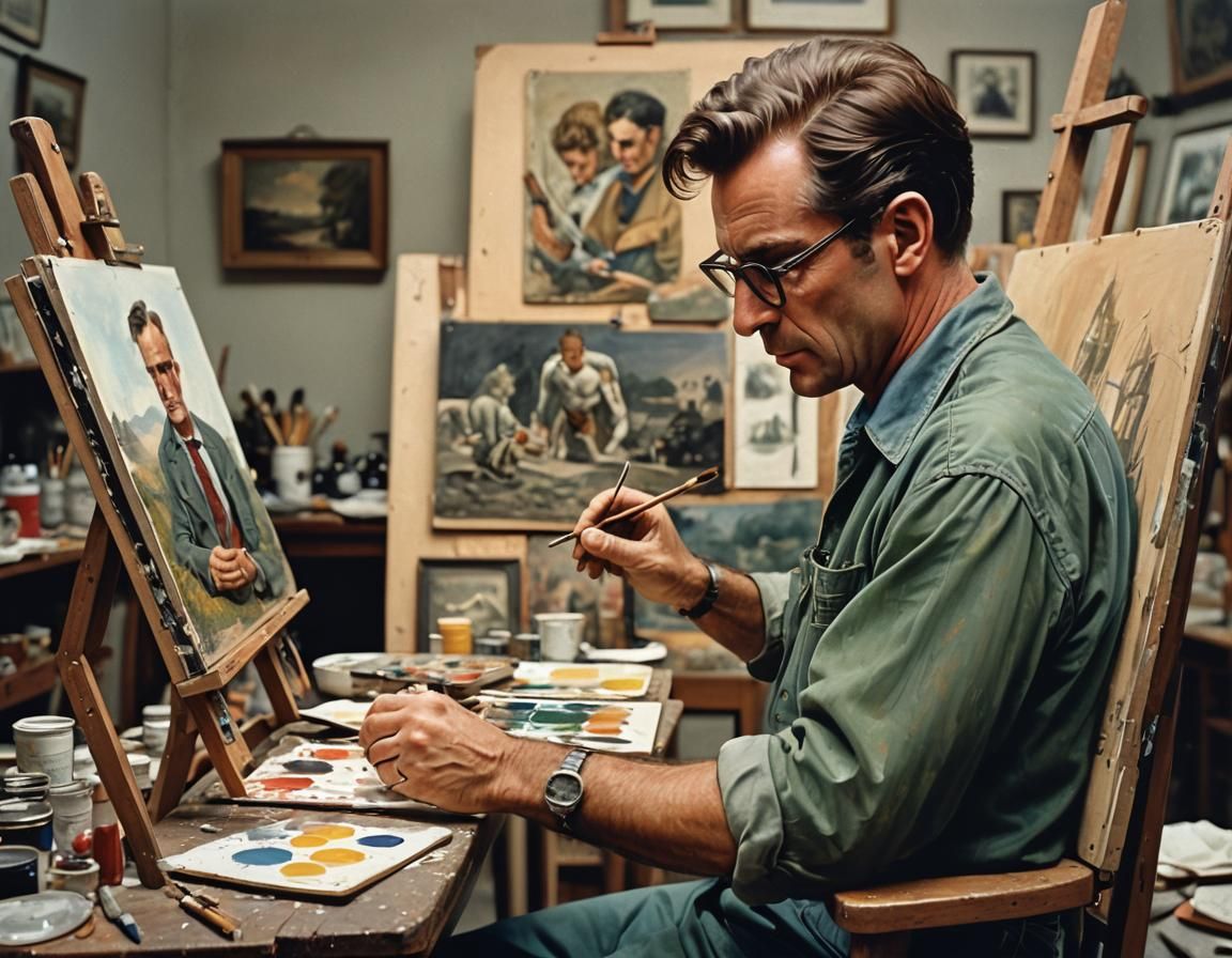 Artist Painting a Masterpiece with Retro Flair