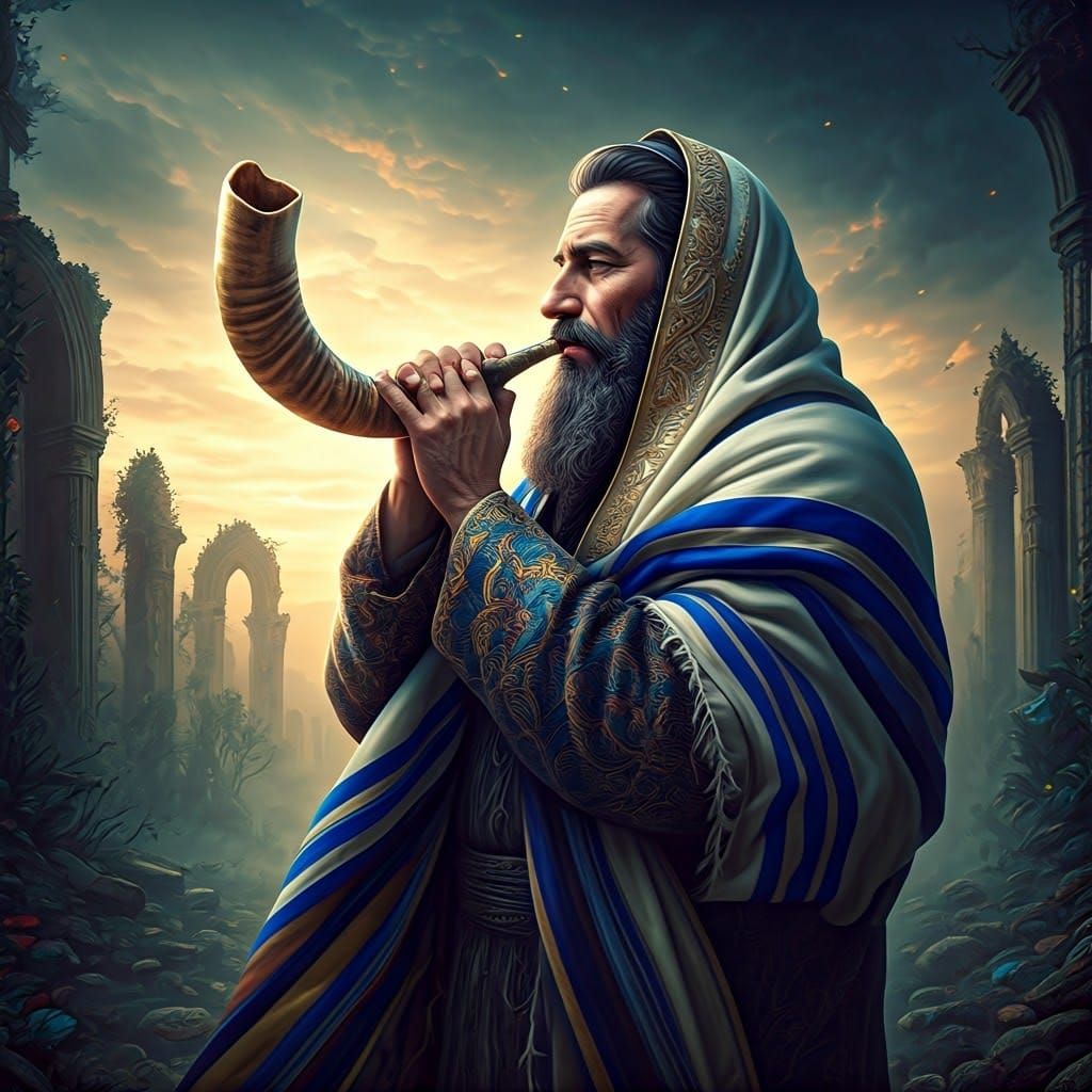 Jewish Man Blowing Shofar in Mystical Landscape