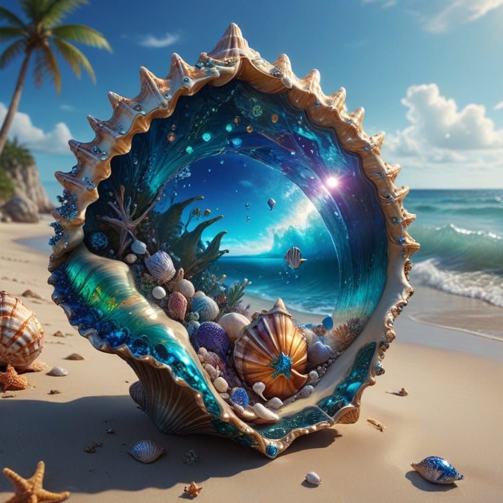 Enchanted Seashell with Mermaid on Beach, Realistic Digital ...