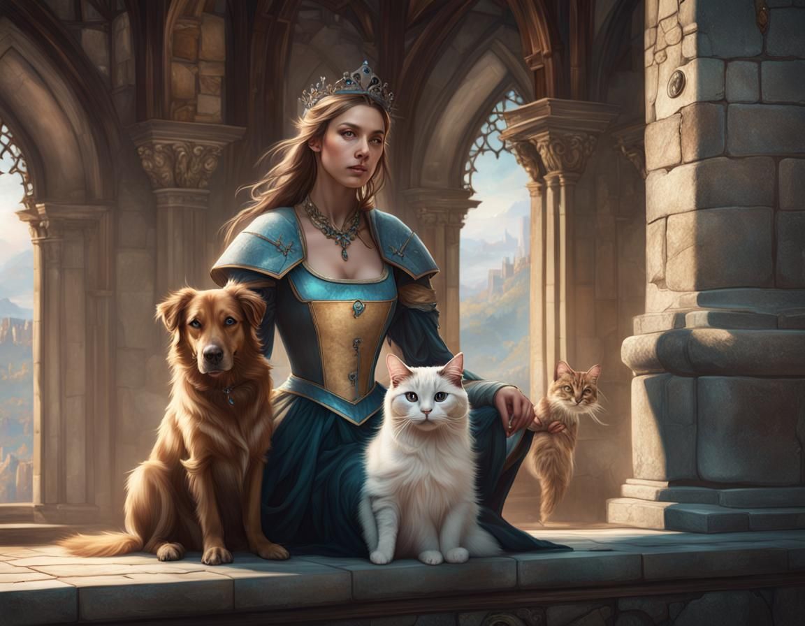 Princess, Dog, and Cat Portrait in Medieval Castle