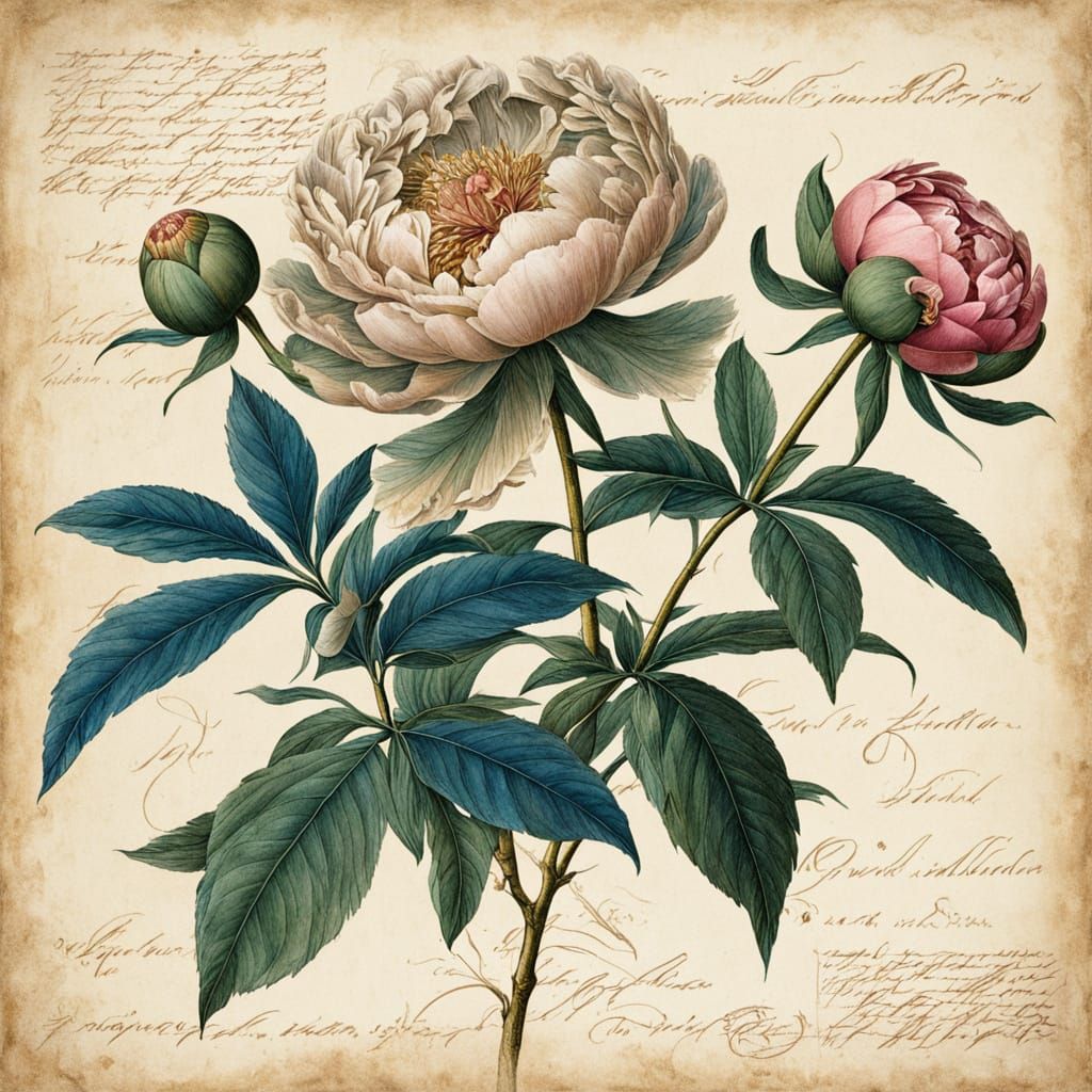 Detailed Renaissance Botanical Illustration of a Peony