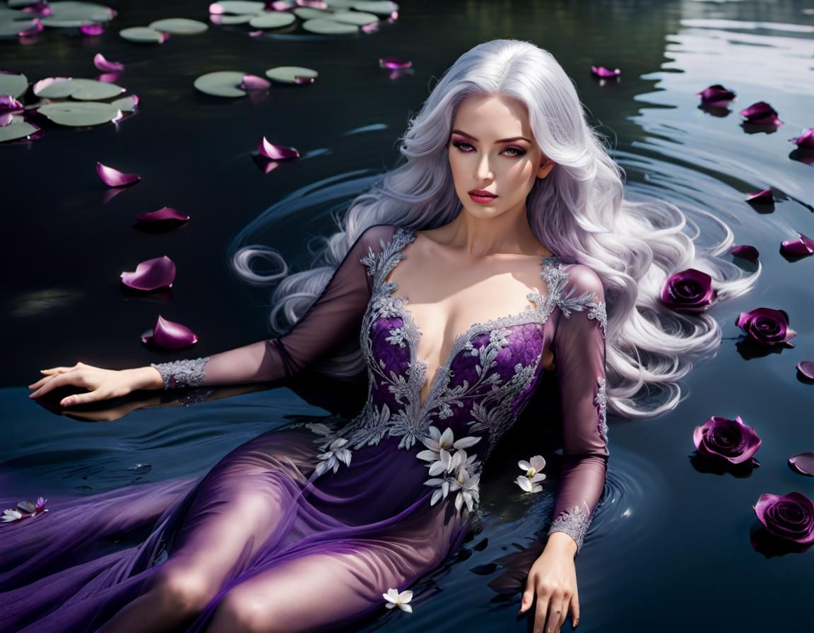 Woman in Amethyst Gown Swimming in Lake
