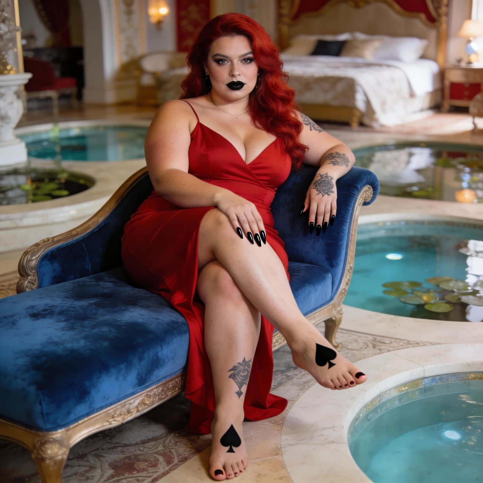 Curvy Redhead Woman in Red Dress Posing on Chaise Longue