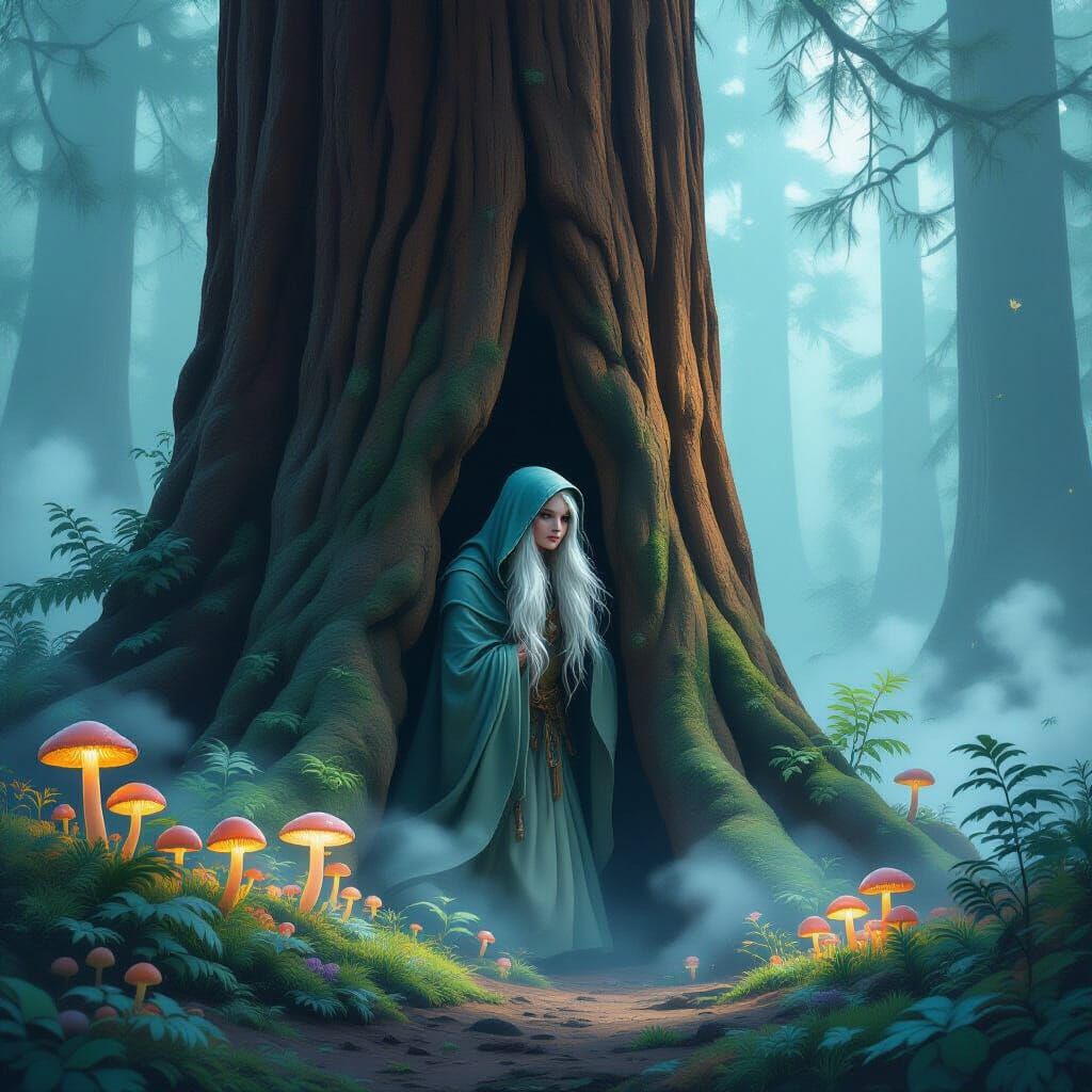 Mystical Forest Spirit in Redwood Forest with Glowing Mushro...