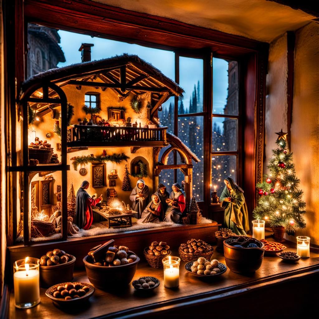 Italian Christmas Living Room with La Befana: Hyperrealistic