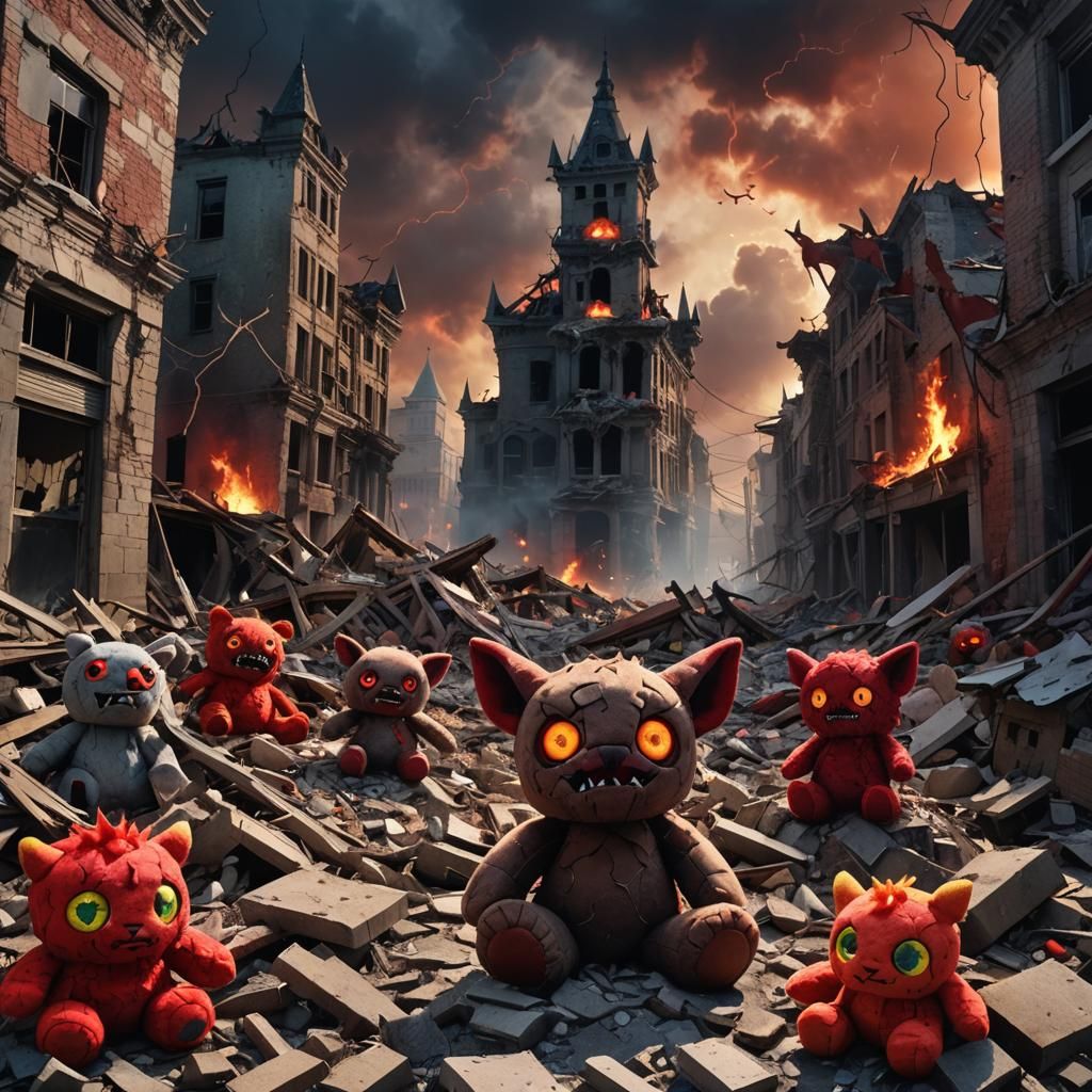 Demonic Plushies Overrun City in Dark Fantasy Art