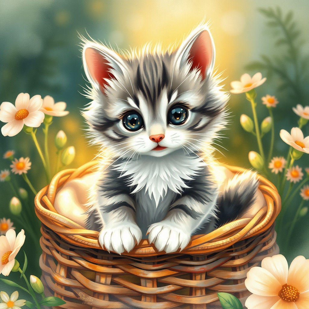 Cute Kitten in Basket, Watercolor Illustration