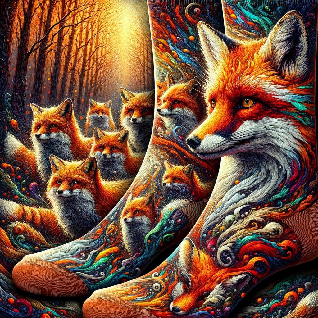 Sock design. A repeating pattern of beautiful fantasy foxes in a forest.