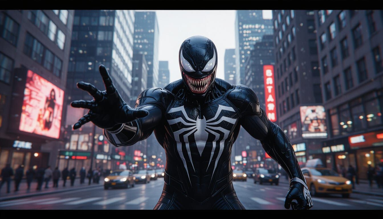 Venom Menacingly Gestures in Cityscape (4K)