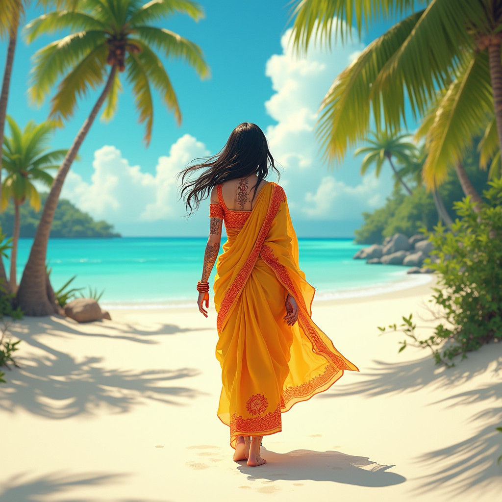 Indian Woman on Tropical Beach in 3D Anime Style